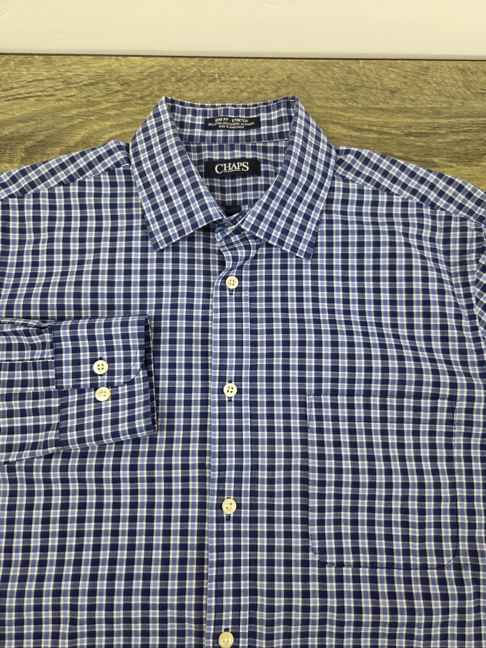 Chaps Slim Fit Dress Shirt Men's 18/18.5 - 32/33 Blue Plaid Stretch Preppy